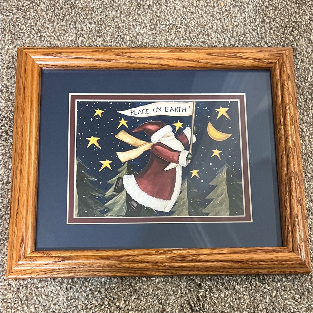 Home and Garden Framed Peace on Earth Santa Artwork with Stars